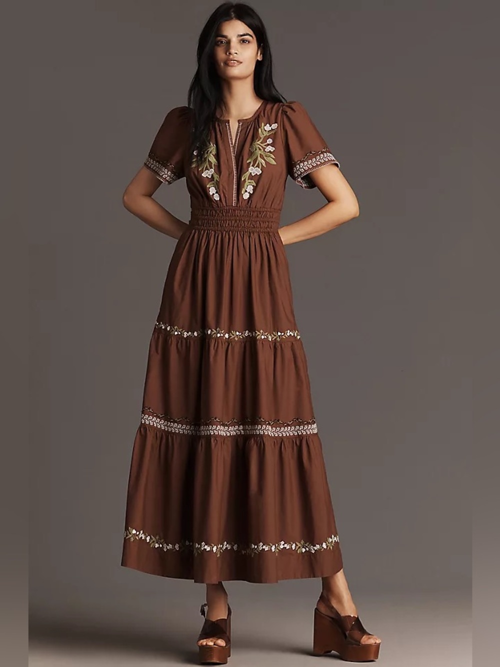 Anthropologie Somerset Maxi Dress Brown Embroidered Floral Large